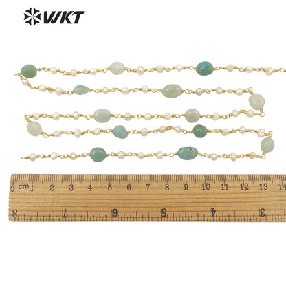 WT-RBC170 Gorgeous Natural amazon Stone Beads Chain with Pearl Mix Elegant Lady Jewelry DIY Necklace Chain for Design Wire Chain