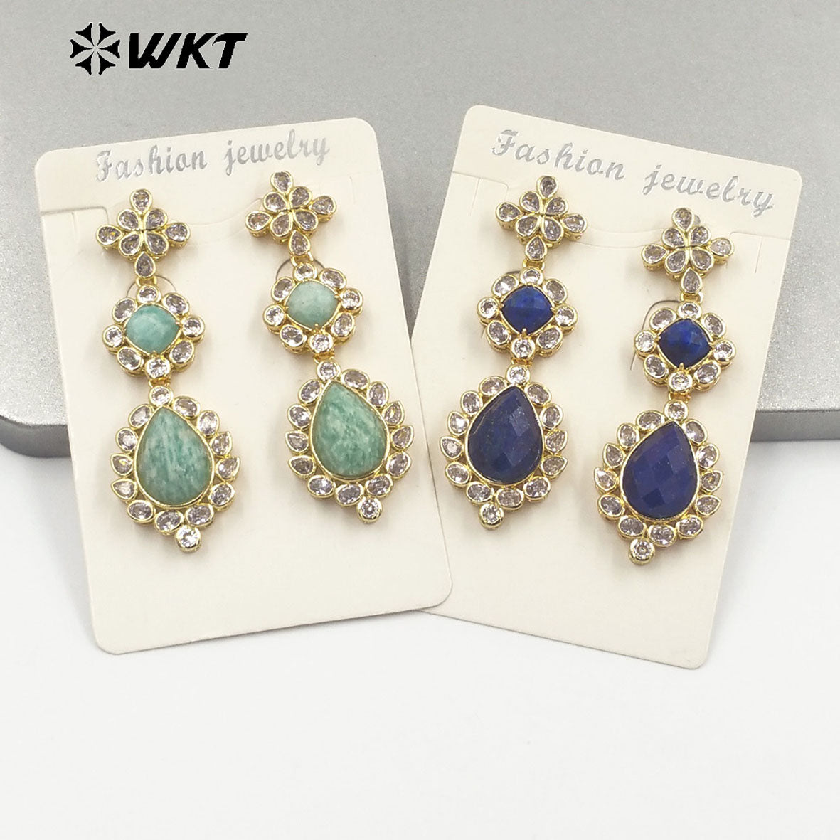 WT-ME088 WKT New Design 18K Real Gold Plated Multi Kinds of Gemstone Earrings Natural Lapis Drop Long Stone Studs for Gift