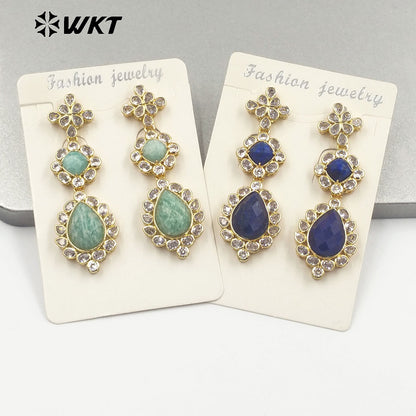 WT-ME088 WKT New Design 18K Real Gold Plated Multi Kinds of Gemstone Earrings Natural Lapis Drop Long Stone Studs for Gift