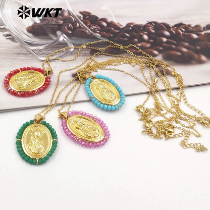WT-MN989 Women Handmade Crystal Wire Wrapped Oval Shape 18K Gold Plated Miraculous Medal Necklace for Spring