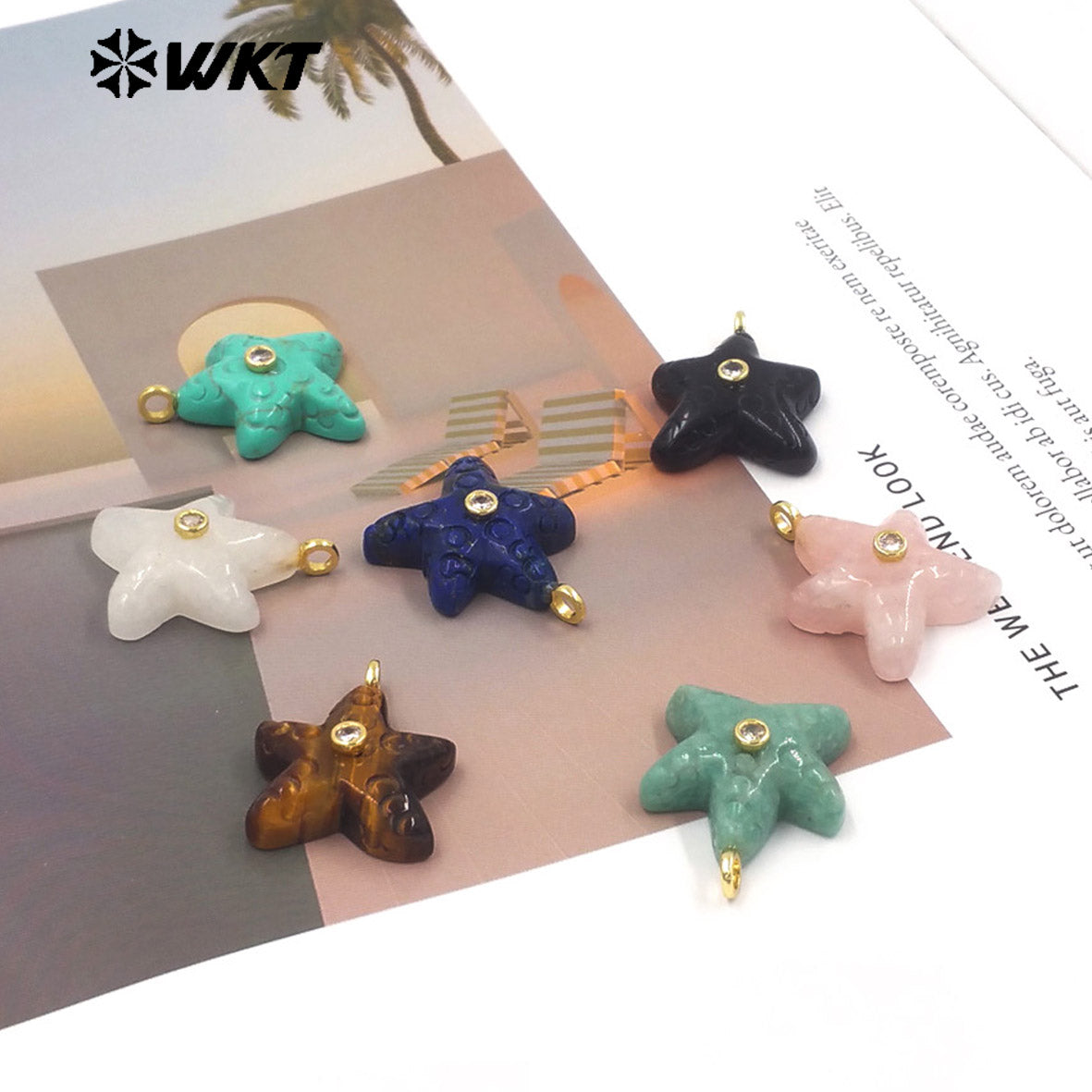 WT-P2108 Lovely Sweet Style Zircon And Natural Gemstones Starfish Shape Small Pendants For Girl Friends Necklace Jewelry DIY