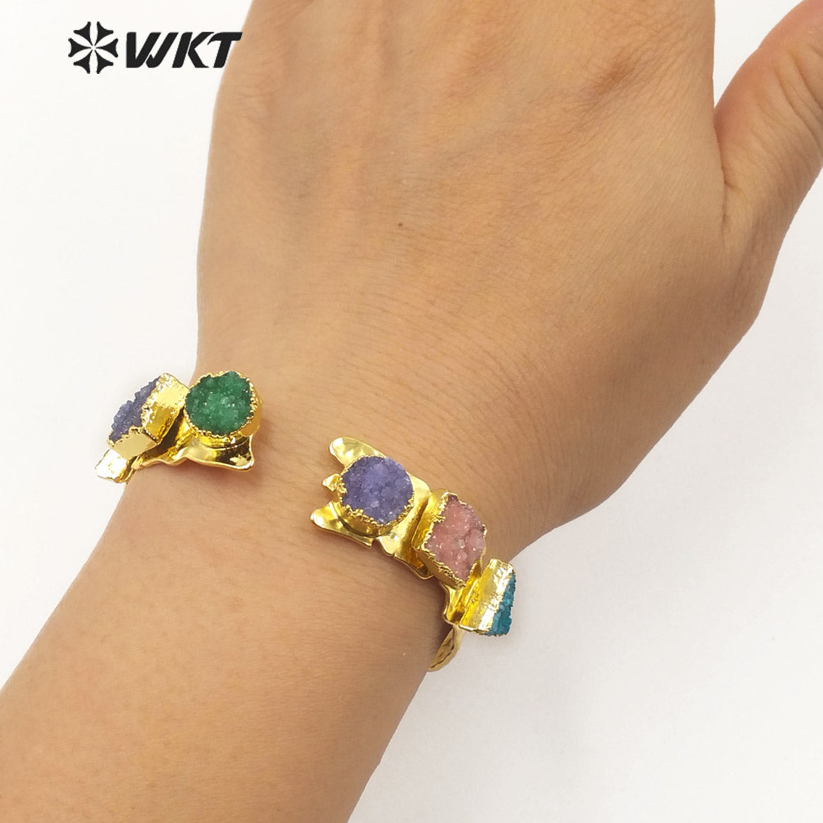 WT-B515 Newest 2020 Spring Colorful Natural Druzy Quartz Stone Bangle Women Fashion Gold Plated Bracelet