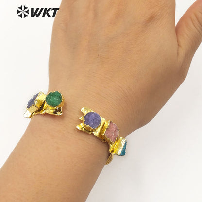 WT-B515 Newest 2020 Spring Colorful Natural Druzy Quartz Stone Bangle Women Fashion Gold Plated Bracelet