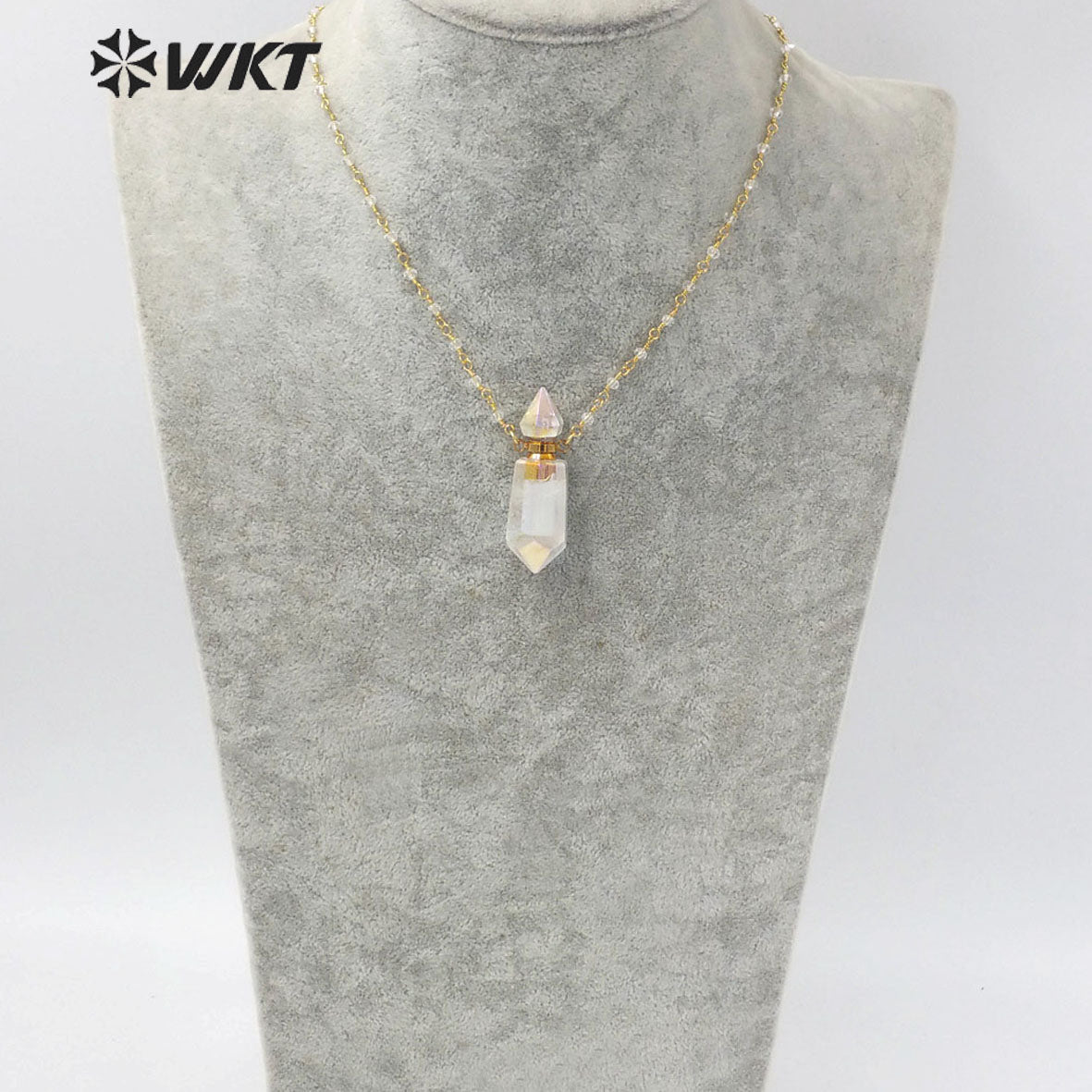 WT-N1233 Wholesale Women Double Point Aura Crystal Quartz Point Necklace Gold Plated Crystal Rosary Beads Spirit Bottle Necklace