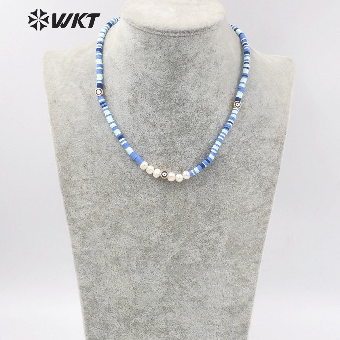 WT-JN200 Amazing Women 4mm Beads Blue Turkey Eye Necklace Bohemian Pearl Eye Chocker Resin Beads Necklace in 16 INCH