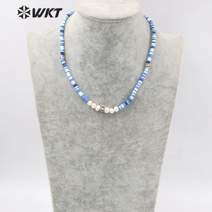 WT-JN200 Amazing Women 4mm Beads Blue Turkey Eye Necklace Bohemian Pearl Eye Chocker Resin Beads Necklace in 16 INCH