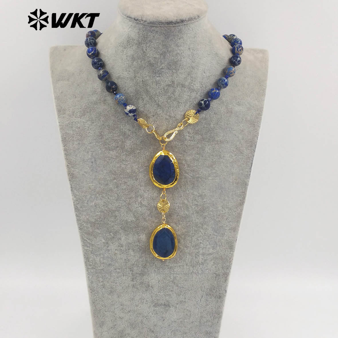 WT-N1505 Popular Boutique Natural Ocean Jasper Stone Beads With Gold Plated Lapis Pendant Necklace As Women Anniversary Gift