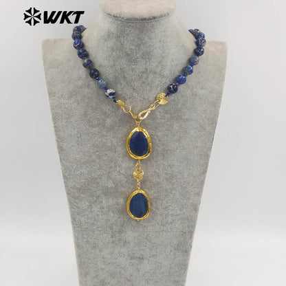 WT-N1505 Popular Boutique Natural Ocean Jasper Stone Beads With Gold Plated Lapis Pendant Necklace As Women Anniversary Gift