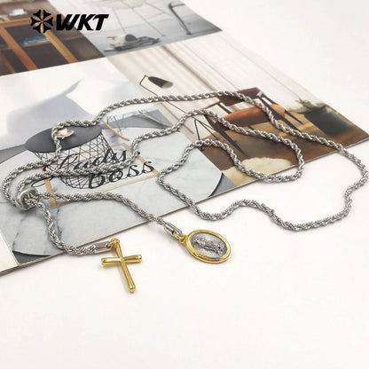 WT-JFN56 Religious Style Silver Chain With Yellow Brass Gold Plated Cross Round Charms Necklace As Ladies Daily Decorations