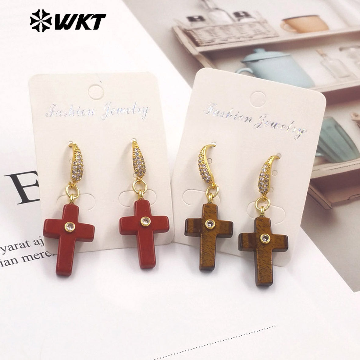 WT-E819 Popular Fashionable Zircon And Natural Gemstones Cross Design Gold Earrings As Female Wedding Matching Jewelry