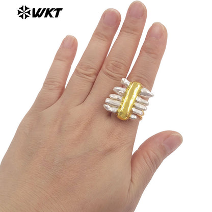 WT-MPR161 Newest 18K Gold Plated Multi Natural Freshwater Pearls Women Adjustable Ring As Friends Birthday Present Jewelry