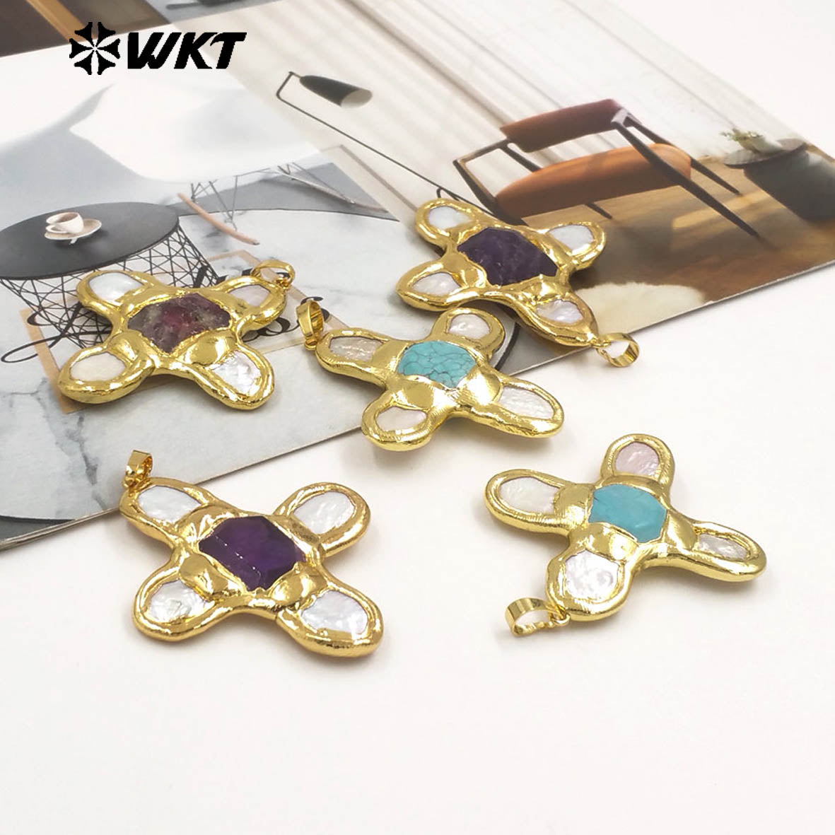 WT-JP401 Exquisite Accessory Pendant With Natural Freshwater Pearl and Turquoise Stone Cross Shape for Jewelry Handmade Gift