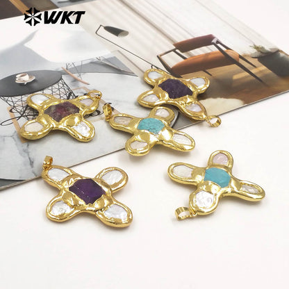 WT-JP401 Exquisite Accessory Pendant With Natural Freshwater Pearl and Turquoise Stone Cross Shape for Jewelry Handmade Gift
