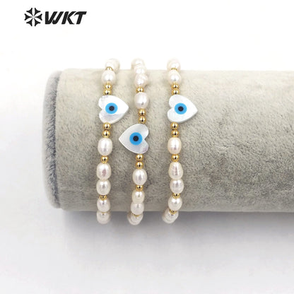 WT-MPB060 Wholesale Fashion White Freshwater Pearl Bracelet with Lobster Close Charming Shell Eye Beads Bracelet