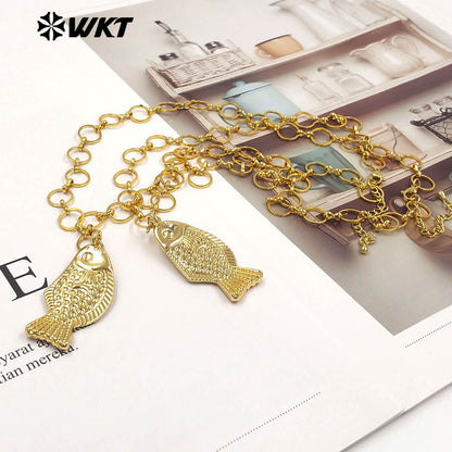 WT-JFN69 Factory Wholesale Round Metal Chain And 18K Gold Plated Yellow Brass Fish Pendant Necklace As Lady Daily Jewelry