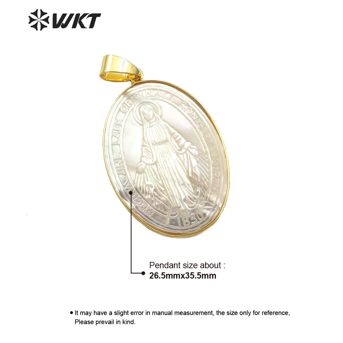 WT-JP177 Wholesale Hand Make Carved Virgin of Maria Pendant 18k Gold Bezel Oval Shape Pearl Shell Maria Pendants