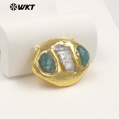 WT-PC021 Delicate 18K Gold Plated Two Natural Stones And Pearl Connectors With Double Hoops For Women Unique Necklace Design