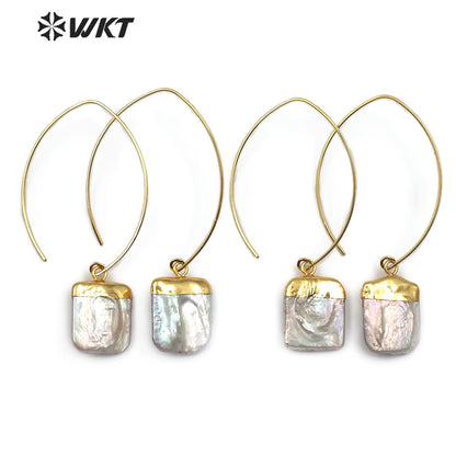 WT-E492 Gold Capped Pearl Pendant With Metal Hoop Vintage Pearl Jewelry for Women Square Shape Natural Freshwater Pearl Earring