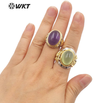 WT-R408 Noble Design Hollow Carved Flower Intricate Craft Rings Round Natural Amethyst Rings Adjustable Natural Stone Rings