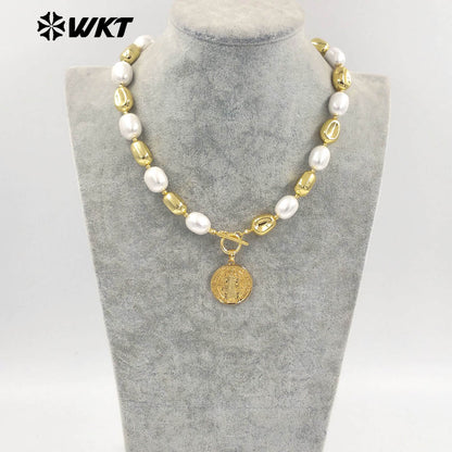 WT-JN303 Customize 18K Gold Plated and Silver Round Flat Pearl Beads Religious Shell Necklace Fashion Special Jewelry for Ladies