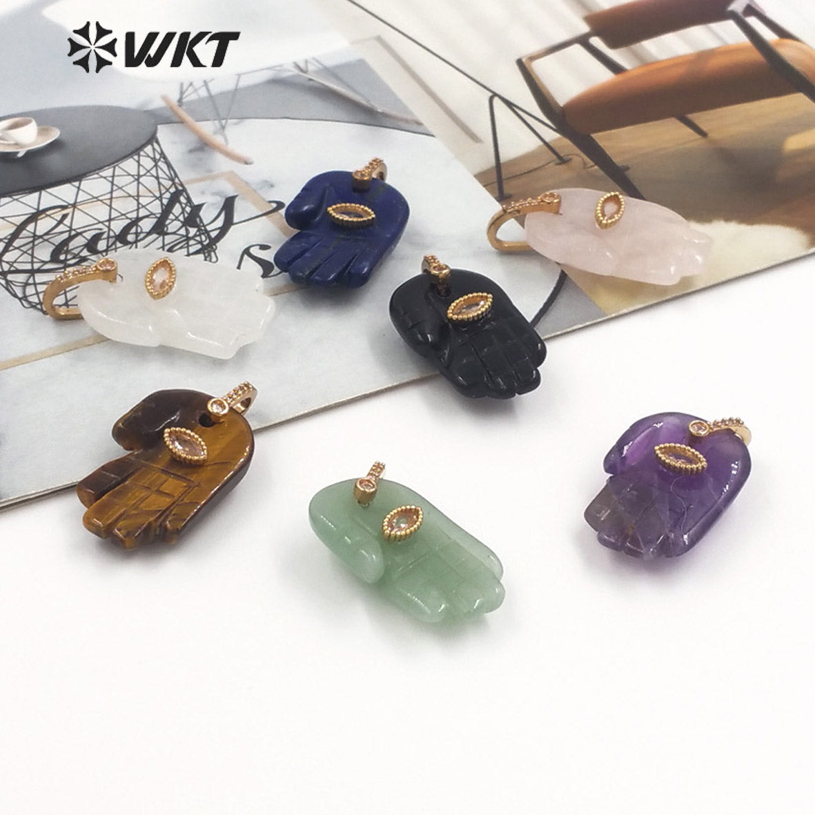 WT-P2040 New Fashion Cute Natural Stone And Zircon Hand Shape Little Pendants As Lady Earrings DIY Jewelry Accessories