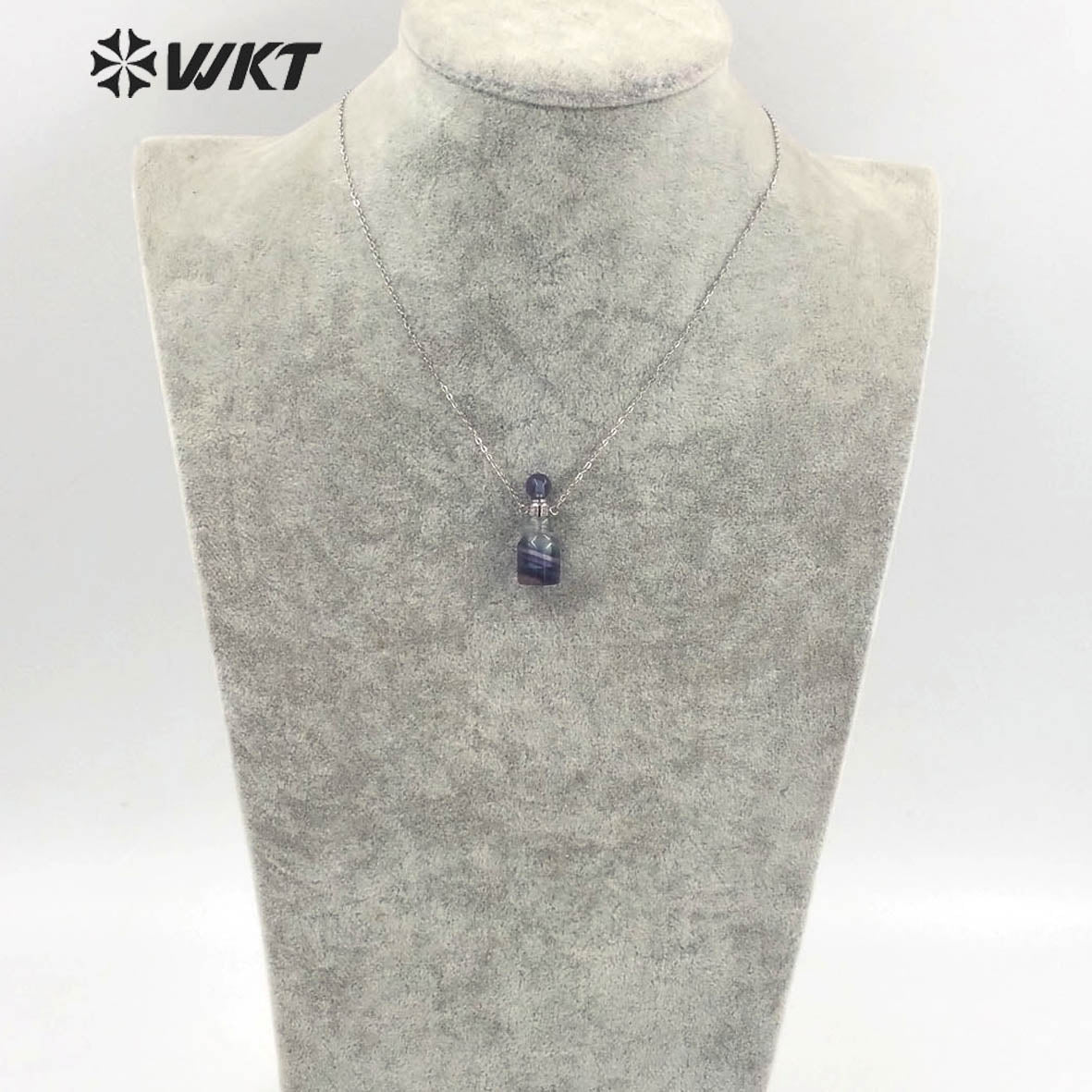 WT-N1455 Newest Fashion Gold Plated Natural Stone Made Rainbow Fluorite Perfume Bottle Necklace Girl Birthday Gift Jewelry