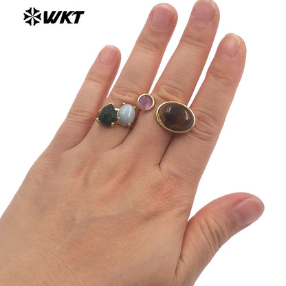 WT-R589 Classical Elegant Design Gold Electroplated Double Natural Gemstones Rings As Women Daily Matching Trendy Jewelry