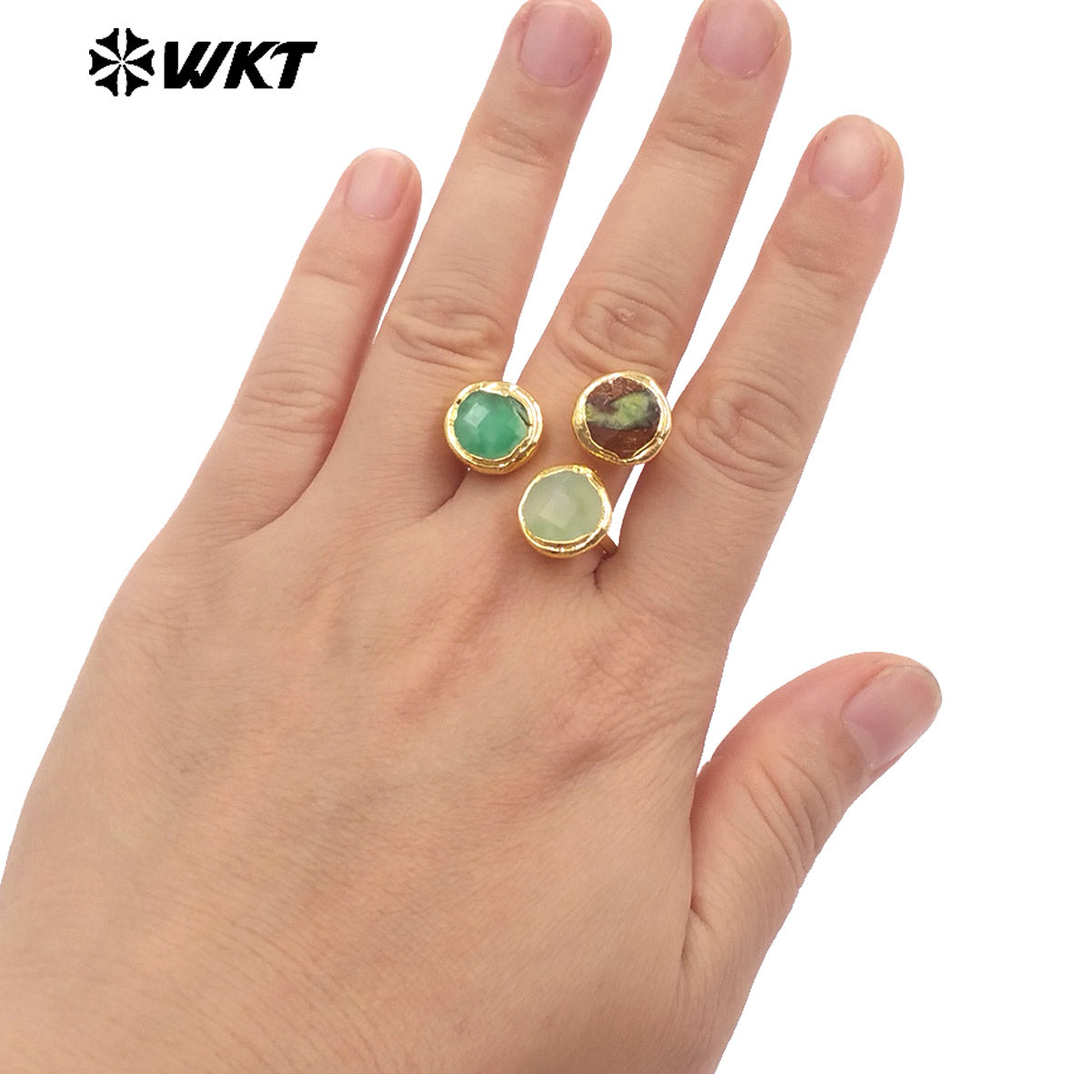 WT-R577 High Quality Natural Australia Chrysoprase Stone Gold Plated Triangle Adjustable Rings For Girls Fashion Accessory