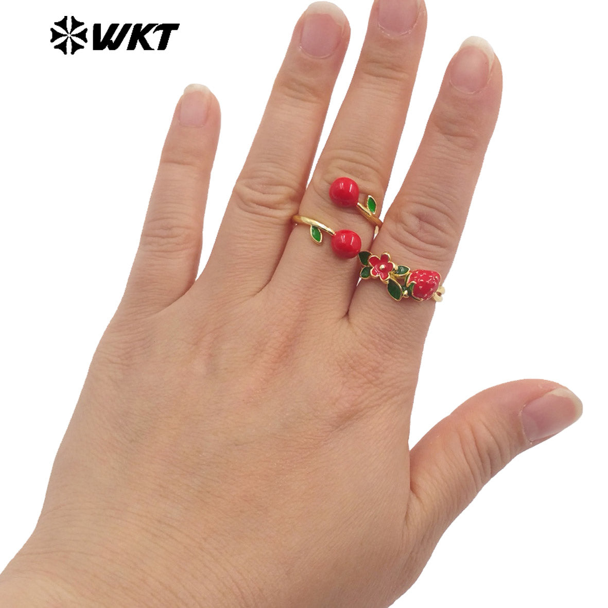 WT-RF010 Popular Sales Fruit Design 18K Gold Electroplated Cherry Ring Romantic Casual Style Women Daily Wearing Jewelry