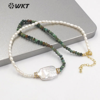 WT-JN132 Wholesale Beautiful DIY Hand Make 4mm Pearl Beads Necklace Women Fashion Square Pearl and Stone Mix Beads Necklace
