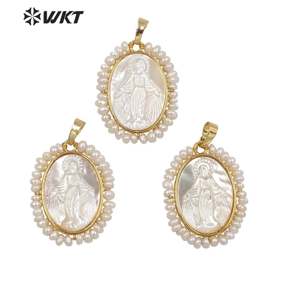 WT-JP253 WKT New Hot 18k Real Gold Bezel Handmade Pearl Wire Wrapped the Mother of Jesus Christ Virgen Marias Pendant in Shell