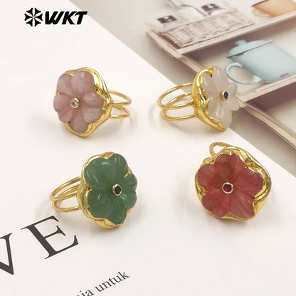 WT-R611 Exquisite Hot Sale Gold Plated Zircon And Natural Gemstones Carved Flower Shape Rings For Friends Birthday Jewelry Gift