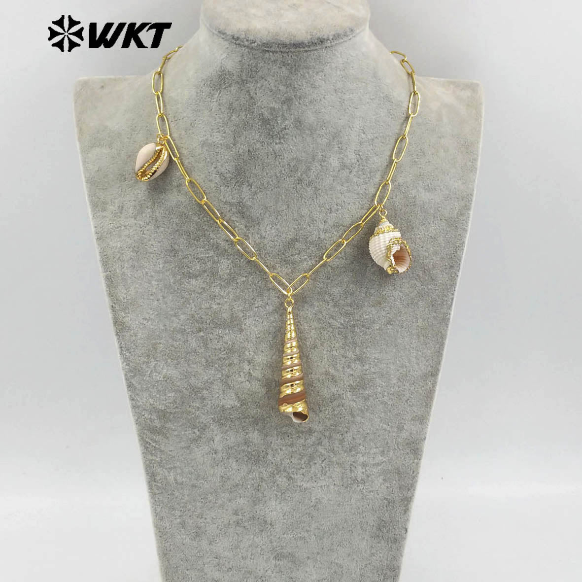 WT-JN317 Fashion Women Bohemian Vintage Style Big Link Chain Natural Cowrie Trumpet Shell Necklace For Summer