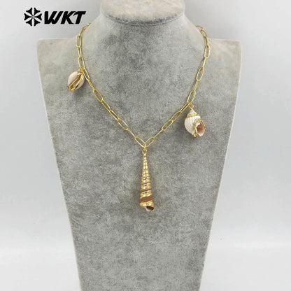 WT-JN317 Fashion Women Bohemian Vintage Style Big Link Chain Natural Cowrie Trumpet Shell Necklace For Summer