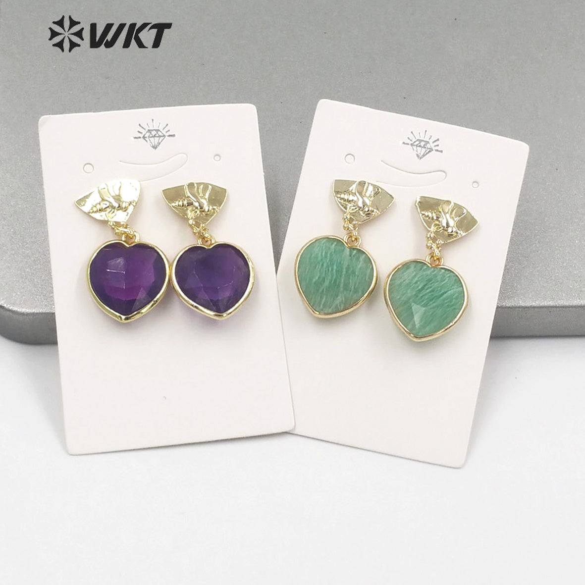 WT-E680 WKT Newest Fashion Small Lovely Heart Earrings Studs Gold Plated Natural Gemstone Women Stone Earrings