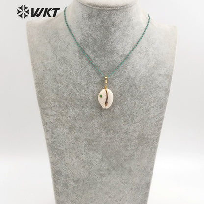 WT-JN096 Wholesale Fashion Jewelry Natural Cowrie Necklace with Cz Stone Colorful Cz Stone Necklace Can Choose
