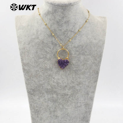 WT-N1472 Lovely Energy Natural Druzy Brazil Amethyst Heart Stone Necklace Birthday Gift for Girl