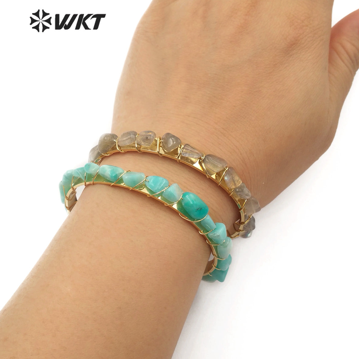 WT-B451 Jewelry Gift for Her Raw Tiny Stone Gold Bangle Adjustable Jewelry Black Gray Green Color Natural Gemstones Bangle