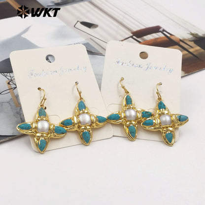 WT-E803 Exclusive Design Back Full Gold Plated Protruding Natural Turquoise And Pearl Cross Earrings As Unique Jewelry Accessory