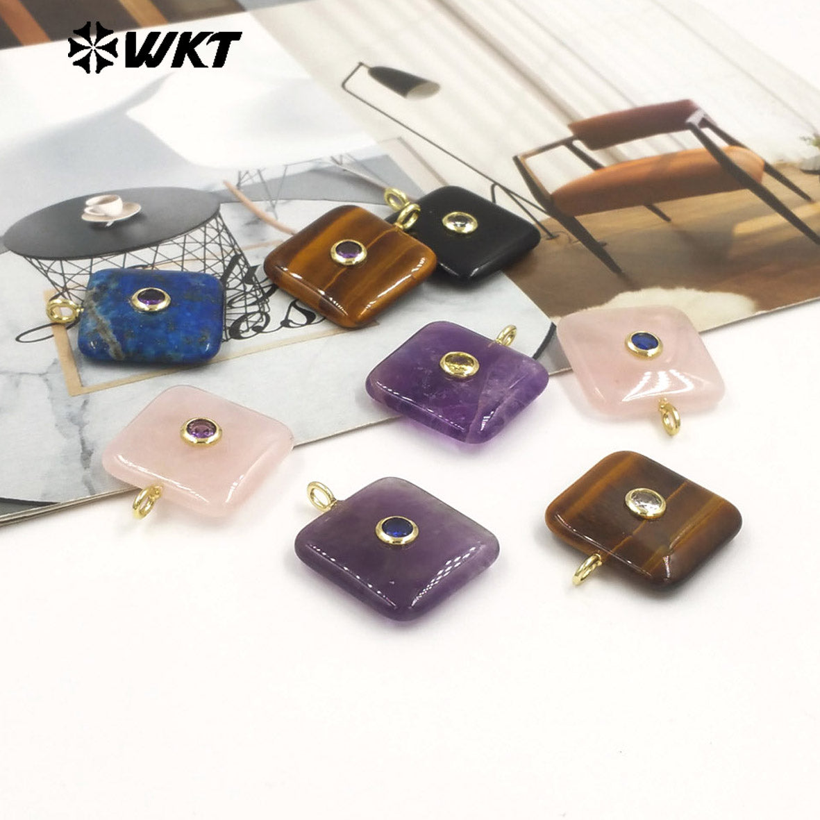 WT-P2023 Popular Sales Lapis Square Natural Gemstones And Colorful Zircon Pendant For Fashion Jewelry Necklace DIY Design