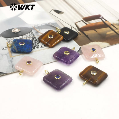 WT-P2023 Popular Sales Lapis Square Natural Gemstones And Colorful Zircon Pendant For Fashion Jewelry Necklace DIY Design