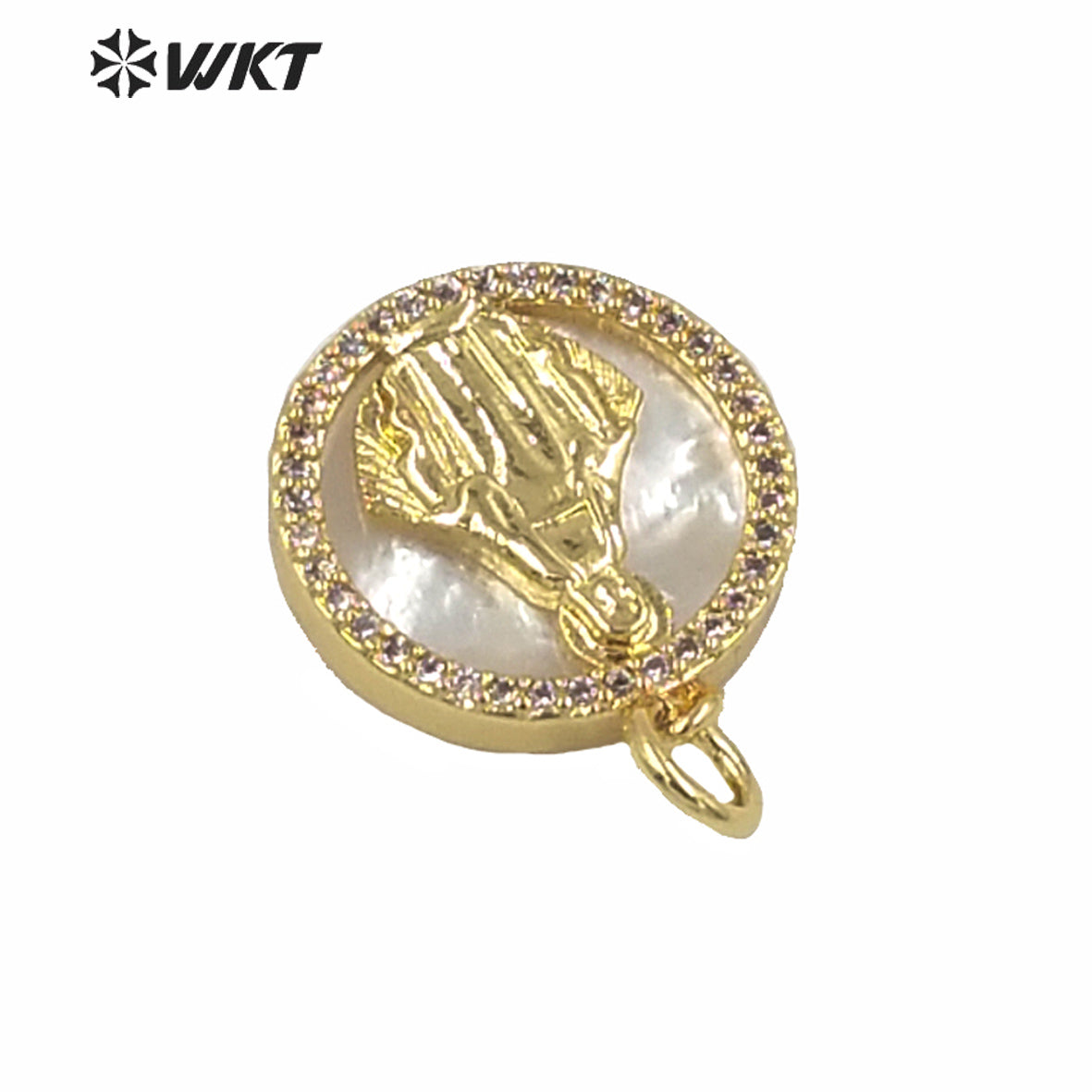 WT-MP155 New Hot Sales White MOP Shell Pendants Small Size Round Coin Religious Jesus Christ Charm Pendant in Gold Electroplated