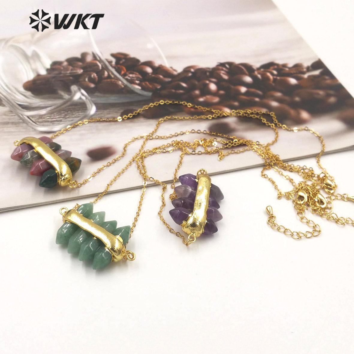 WT-N1460 WKT NEW Design Double Gemstone Point Rose Quartz Amethyst Energy Lucky Stone Necklace Many Colors Available