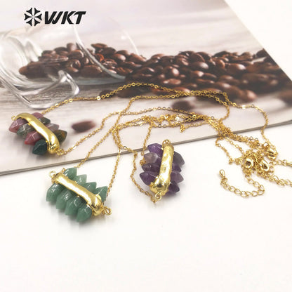 WT-N1460 WKT NEW Design Double Gemstone Point Rose Quartz Amethyst Energy Lucky Stone Necklace Many Colors Available