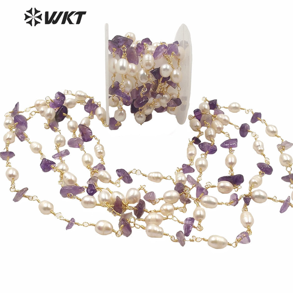 WT-RBC165 High Quality Natural Stone Make Chain Women Jewelry Findings Chain for Necklace Design Gold Rosary Beads Chain