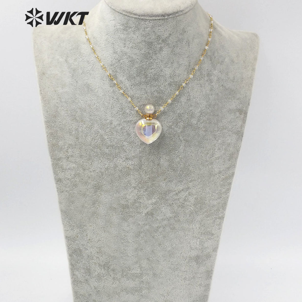 WT-N1237 WKT Amazing Aura Gold Electroplated Crystal Quartz Heart Shape Perfume Bottle Necklace Aura Stone Crystal Necklace