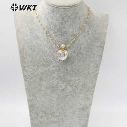 WT-N1237 WKT Amazing Aura Gold Electroplated Crystal Quartz Heart Shape Perfume Bottle Necklace Aura Stone Crystal Necklace