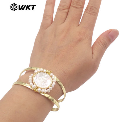 MPB132 Wholesale Religious Gold Plated Double Layers Hand Carved Shell And Pearl Adjustable Bangles As Ladies Party Present