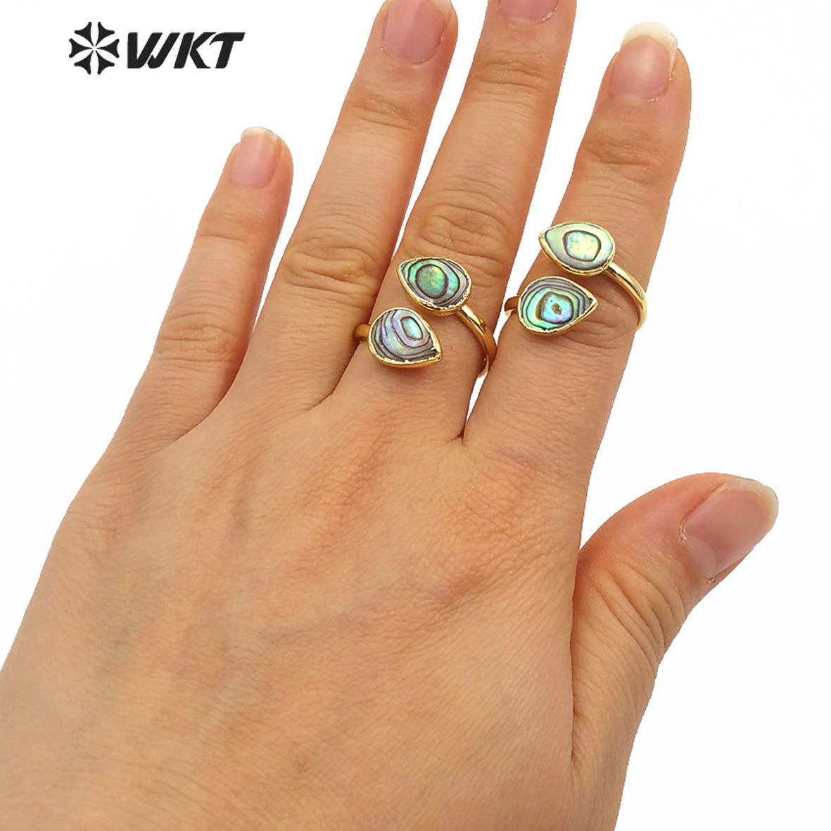 WT-MPR002 Women Adjustable Size Double Drop Green Abalone Shell Rings Gold Electroplated Summer Style Tea Drop Shell Rings