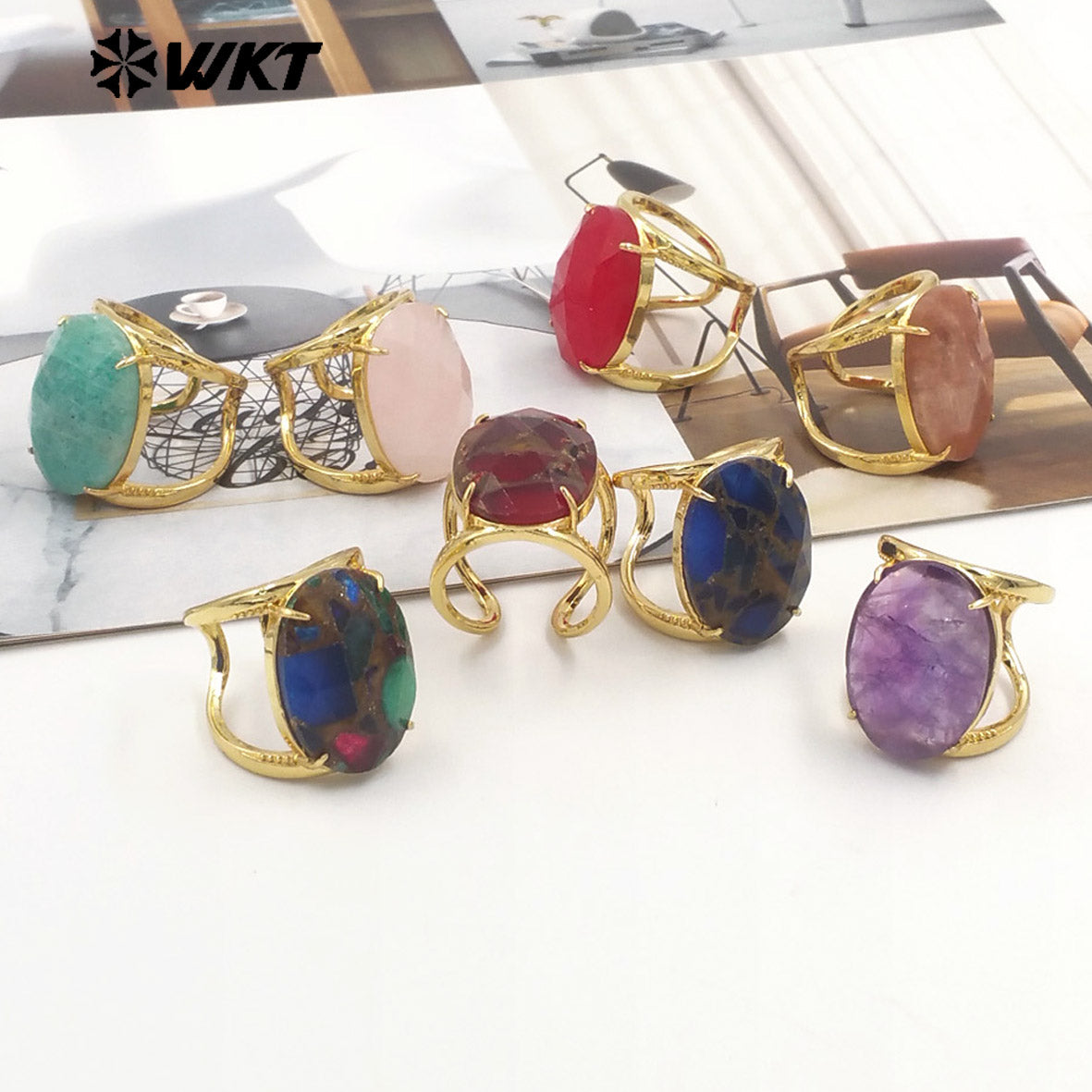 WT-R524 Amazing Rainbow Copper Turquoise 18K Real Gold Plated Resist Tarnishable Women Cocktail Oval Stone Party Ring